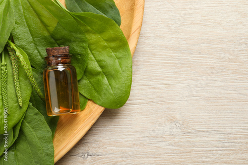 Bottle of broadleaf plantain extract and leaves on wooden table, top view. Space for text photo