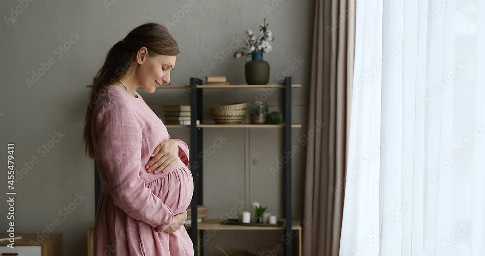 Side view serene peaceful pregnant woman in pink dress standing alone at home near window stroke touches her big belly, enjoy moment of unity and connection with unborn child. Motherhood, love concept Side view serene peaceful pregnant woman in pink dress standing alone at home near window stroke touches her big belly, enjoy moment of unity and connection with unborn child. Motherhood, love concept