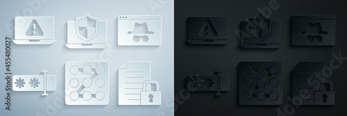 Set Graphic password protection, Browser incognito window, Password, Document and lock, Laptop protected with shield and exclamation mark icon. Vector