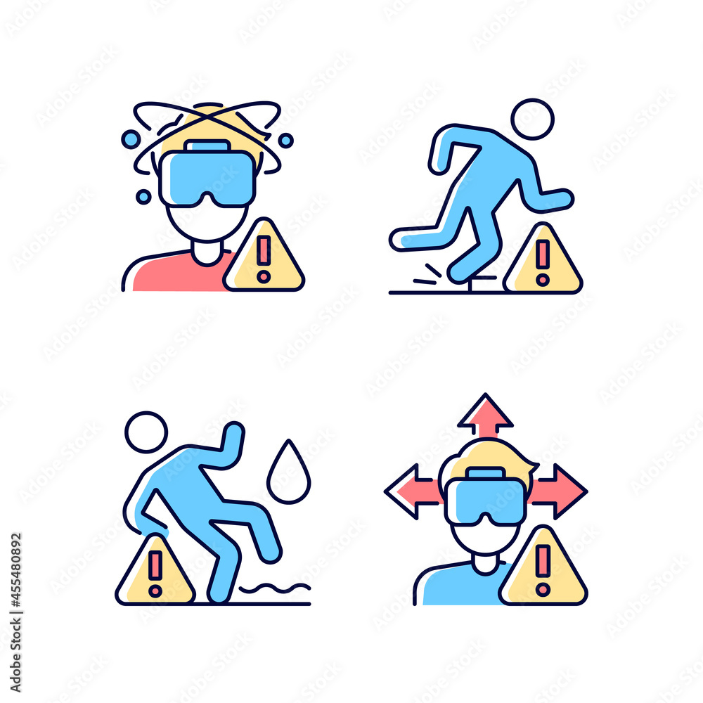 Virtual reality headset warning RGB color manual label icons set. Usage