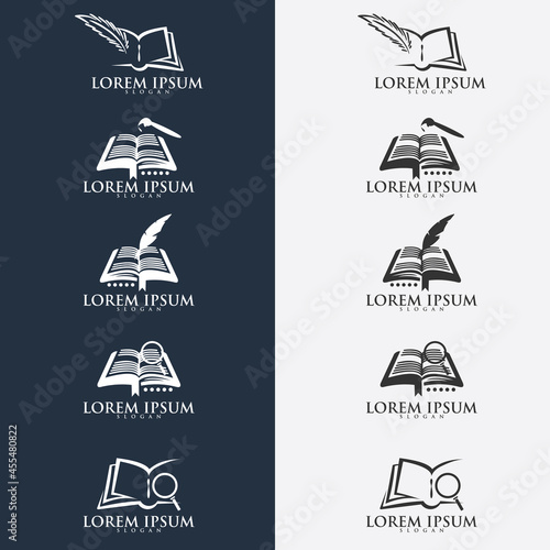 Quill pen writing in the papers on an open book logo. education logo icon design. suitable for company logo, print, digital, icon, apps, and other marketing material purpose. education logo set.
