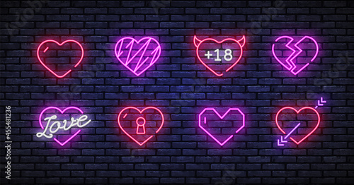 Heart neon icons set. Love Neon signs set. Vector sign for banner design. Transparent background. Wall art design. Vector illustration element. Isolated heart. Romantic background