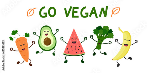 Go vegan. World Vegetarian Day. Happy cute vegetables and fruits have fun smiling. Avocado, broccoli, watermelon, carrot and banana. Healthy food concept. Vector hand drawn illustration