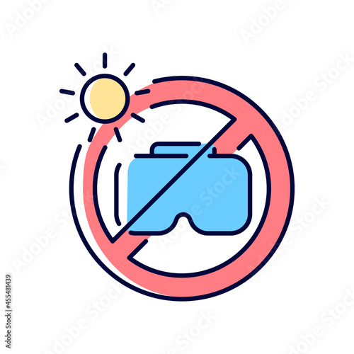 Do not leave in sunlight RGB color manual label icon. Direct sunlight lead to fire and vision damage. Isolated vector illustration. Simple filled line drawing for product use instructions