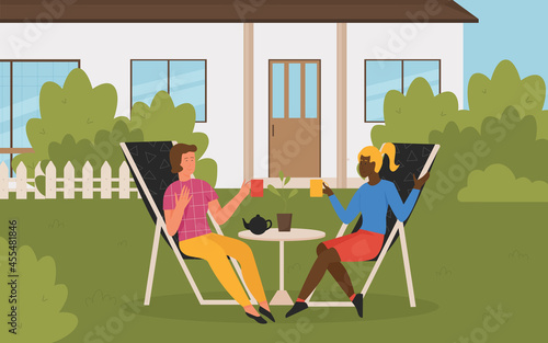 People friends neighbors relaxing on summer picnic vector illustration. Cartoon woman characters sitting on sun loungers in backyard, drinking tea during weekend vacation, leisure activity background