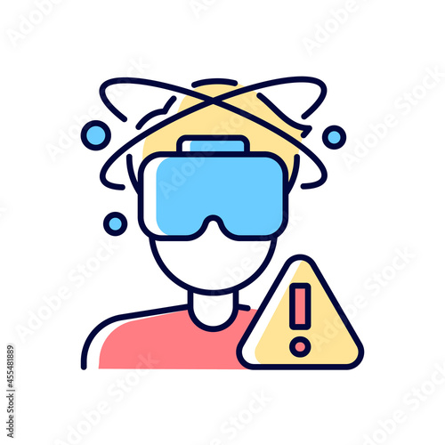 Can cause loss of balance RGB color manual label icon. Long-term playing causes nausea. VR motion sickness. Isolated vector illustration. Simple filled line drawing for product use instructions