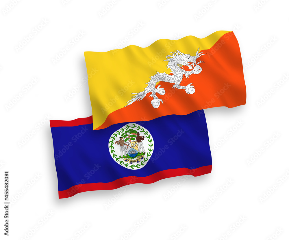 Flags of Kingdom of Bhutan and Belize on a white background