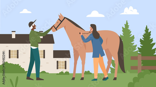 People care domestic farm animals, equestrian and horse in summer village landscape vector illustration. Cartoon veterinarian woman character takes care of horse, veterinary service background