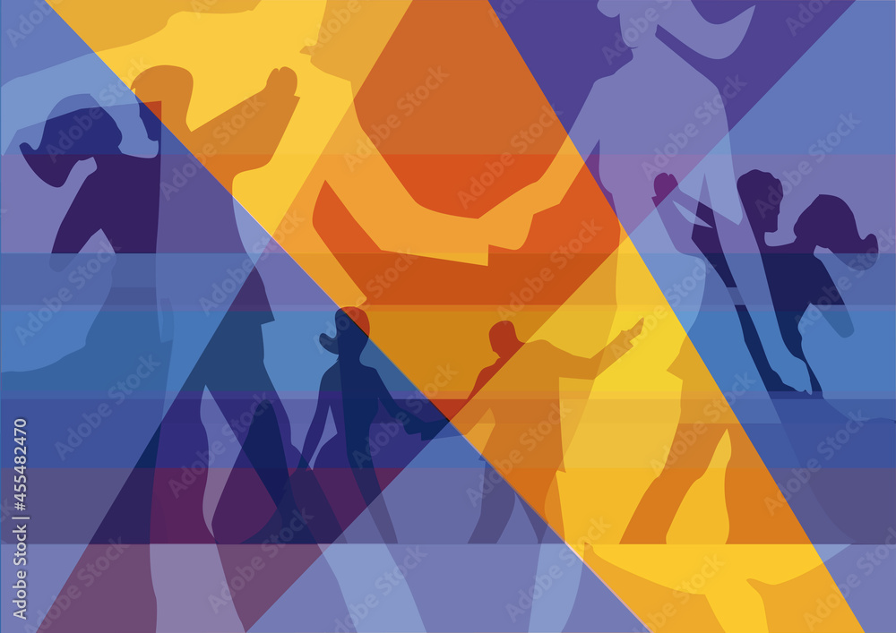 

Ballroom dancing dance party colorful collage.
Colorful background with silhouettes of dancing couples. Vector available.