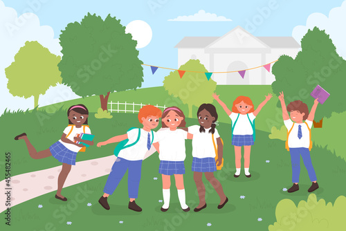 Children play in city park or schoolyard, kids back to school to study vector illustration. Cartoon group of girl boy student child characters with schoolbags playing near school building background
