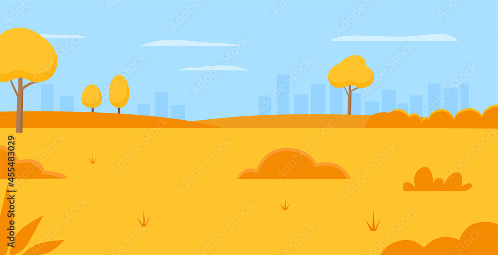 City park in autumn, urban cityscape vector illustration. Cartoon fall landscape with modern skyscraper buildings on horizon, orange nature field, blue sky and trees simple panorama background