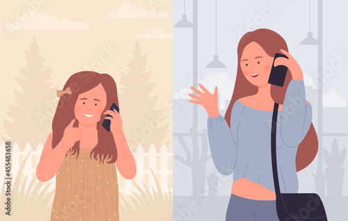 Mother talking to girl child on mobile phone vector illustration. Cartoon cute family characters talk by cellphone, holding smartphone for fun conversation, happy parents and children background