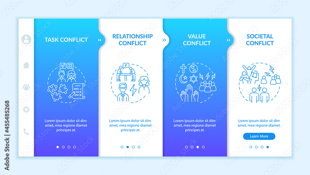 Types of conflict onboarding vector template. Responsive mobile website with icons. Web page walkthrough 4 step screens. Communication problems color concept with linear illustrations