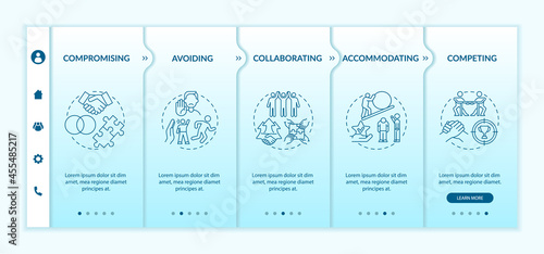 Conflict resolution strategies onboarding vector template. Responsive mobile website with icons. Web page walkthrough 5 step screens. Communication color concept with linear illustrations © bsd studio