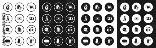Set Spare wheel in the car, Motor gas gauge, Oil rig, Propane tank, Gas for vehicle, Industrial cylinder and Word oil icon. Vector