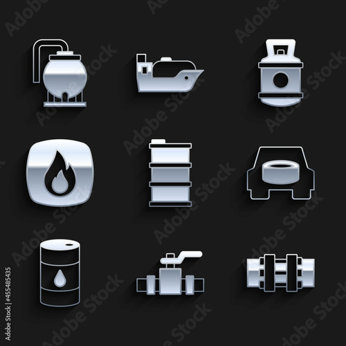 Set Barrel oil, Metallic pipes and valve, Spare wheel in the car, Fire flame, Propane gas tank and Oil storage icon. Vector