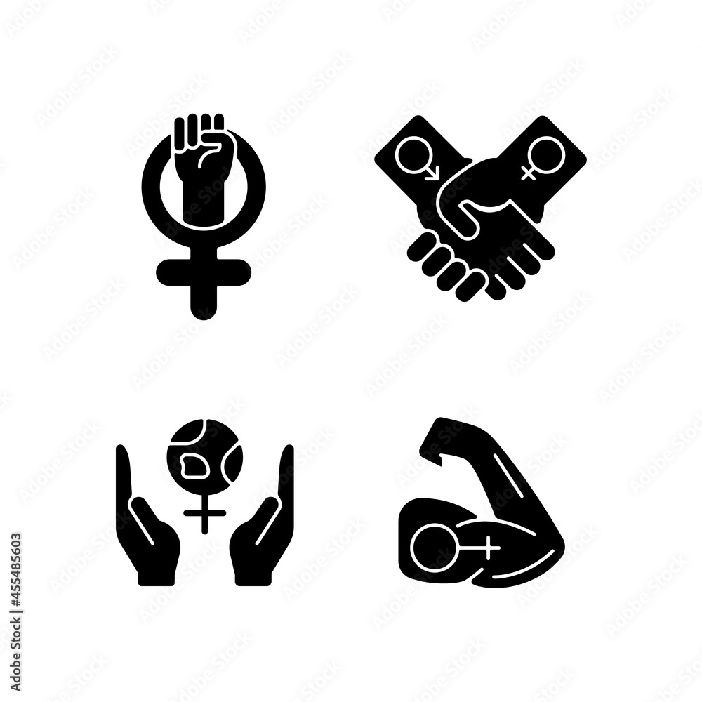 Girl power black glyph icons set on white space. Leadership in movement. Equitable relationships. Feminism support. Mentally strong women. Silhouette symbols. Vector isolated illustration Girl power black glyph icons set on white space. Leadership in movement. Equitable relationships. Feminism support. Mentally strong women. Silhouette symbols. Vector isolated illustration