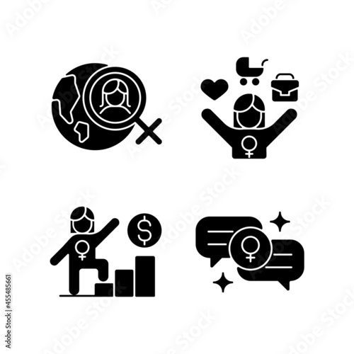 Mainstream feminism black glyph icons set on white space. Women rights movement across globe. Full-time working mom. Career ladder. Female bonding. Silhouette symbols. Vector isolated illustration