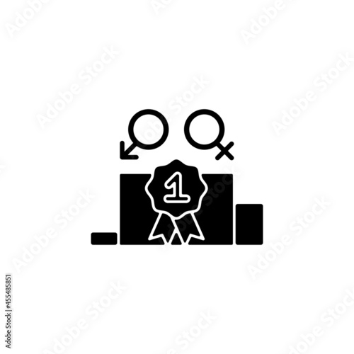 Gender equality black glyph icon. Enjoy equal rewards. Gender parity. Male and female compete together. Gender-balanced participation. Silhouette symbol on white space. Vector isolated illustration