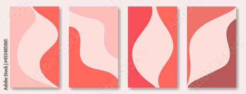 Set of flat abstract backgrounds in soft pink and red palette, flowing shapes. Four vertical illustrations of social media posting template