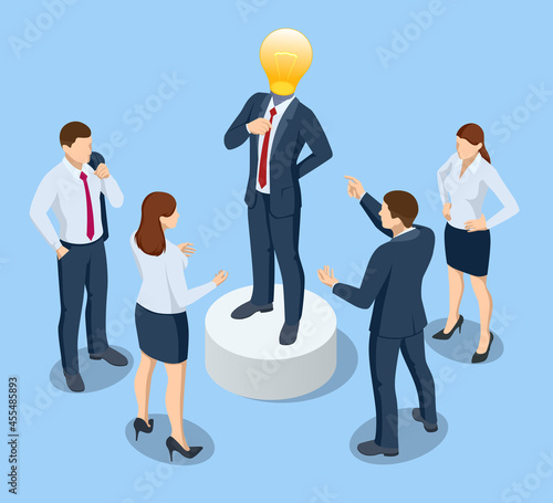 Isometric Teamwork and Leadership concept. Innovative thinking, finding solution, people developing own idea. Collaboration meeting, sharing knowledge, teamwork or people thinking the same idea