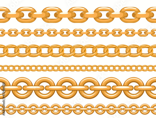 Golden chain set. Seamless realistic golden jewelry links. Luxury Thin metallic chains. Vector