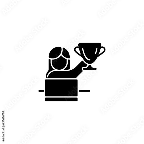 Woman in leadership role black glyph icon. Attracting female talent to business. Women empowerment at work. Gender equality in workplace. Silhouette symbol on white space. Vector isolated illustration