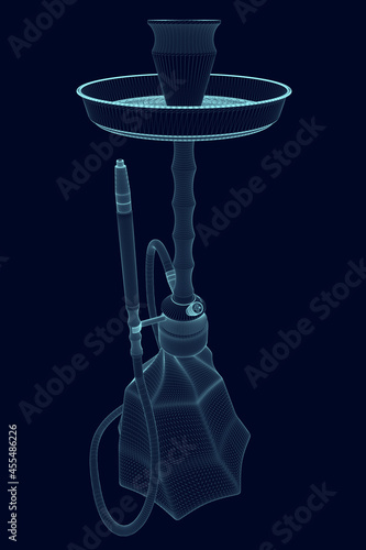 Hookah wireframe made of blue lines isolated on dark background. 3D. Vector illustration