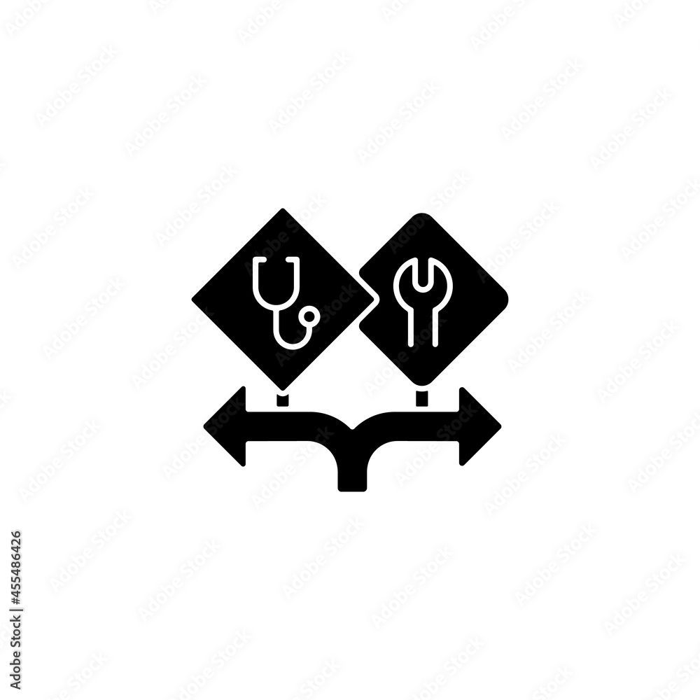 Freedom of choice black glyph icon. Career option for girls. Female empowerment. High-potential women. Equal opportunities to education. Silhouette symbol on white space. Vector isolated illustration Freedom of choice black glyph icon. Career option for girls. Female empowerment. High-potential women. Equal opportunities to education. Silhouette symbol on white space. Vector isolated illustration