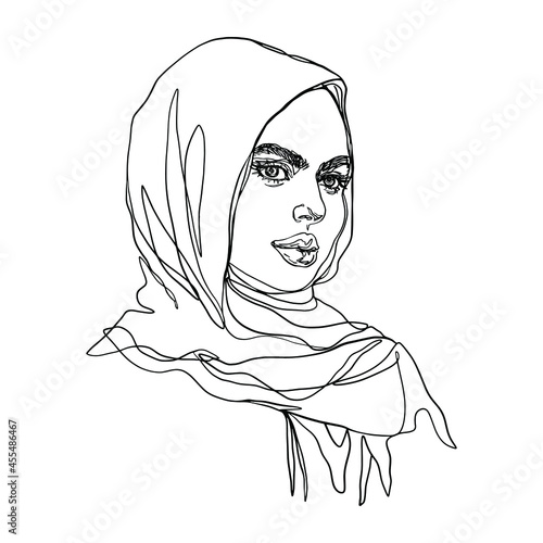 Hand drawn arabian woman in headscarf. Beautiful fashion portrait, sketching illustration.