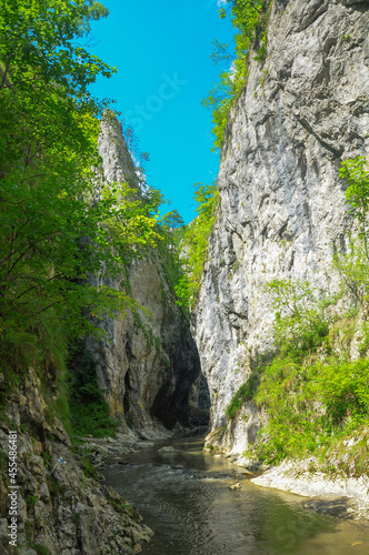 A mountain stream flowing through a canyon narrowed by vertical stone walls and sharp cliffs. Ramet gorges, Carpathia, Romania. 