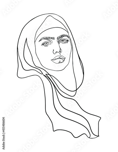 Sketching arabian woman in headscarf. Beautiful fashion portrait, hand drawn outline illustration.