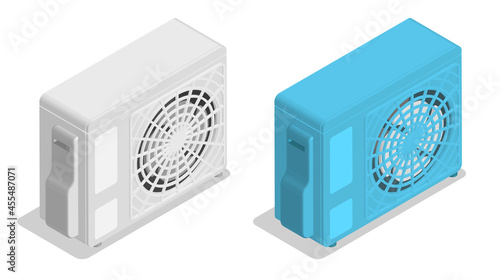 Isometric External air conditioner unit with fan. Room cooling and heating. Maintaining comfortable temperature in office. Realistic 3D vector isolated on white background