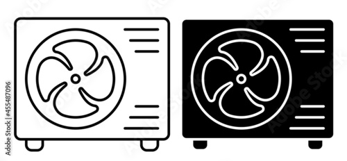 Linear icon. External air conditioner unit with fan. Room cooling and heating. Maintaining comfortable temperature in office. Simple black and white vector isolated on white background