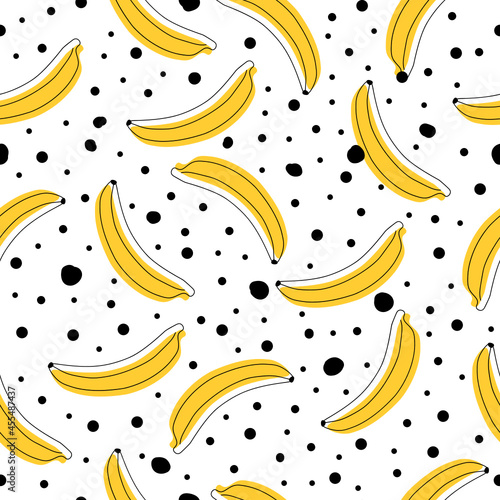 Seamless banana pattern and black dots on a white background. Used for wallpaper, paper and print.