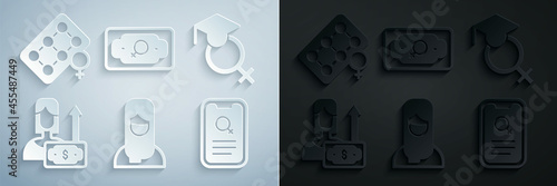 Set Muslim woman in hijab, Teacher, Money growth, Dating app, and Packaging of birth control pills icon. Vector