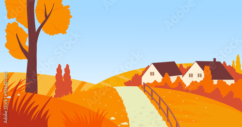 Road to village countryside landscape, eco travel outdoor scene vector illustration. Cartoon path to rural farm houses buildings with fence and trees, agriculture field, fall nature scenery background