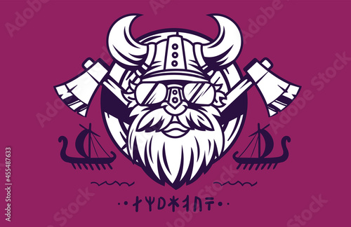 Vector Logo Viking Head in Helmet with Horns  Axe and Drakkar. Line Art Flat Style Design of Viking Logotype