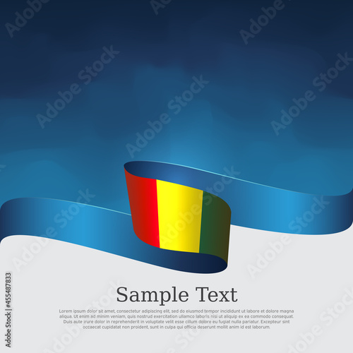 Guinea flag background. Guinea flag wavy ribbon on blue white background. National patriotic poster. Vector tricolor brochure design. State banner, cover, flyer