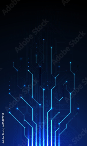 Abstract circuit board. Dark blue technology background, template, design element for web banner, poster. Computer technology. Science futuristic vector design, cyber innovation concept