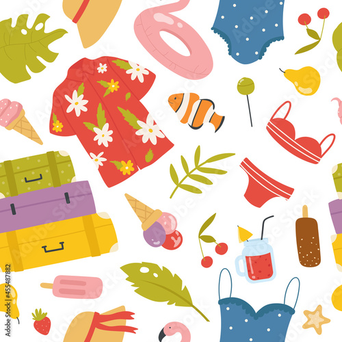 Summer travel vacation holiday seamless pattern vector illustration. Cartoon sea beach bikini swimsuit, cocktail, tropical leaf and fruit ice cream food, cute suitcase decorative repeat background