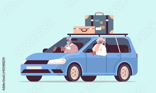 funny old family driving in car on weekly holiday senior african american travelers couple traveling by active old age