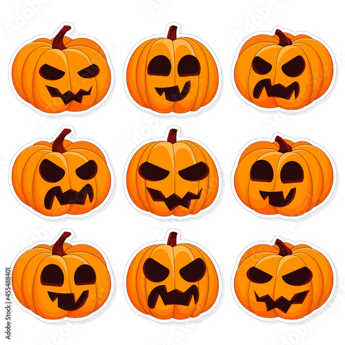 Happy Halloween set stickers on white background. Orange pumpkins with smile. Stickers, cliparts, tags, labels for design for the holiday Halloween. Vector illustration.
