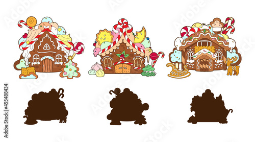 Christmas houses, game, find the correct shadow. Vector ,illustration, cartoon flat isolated on white background