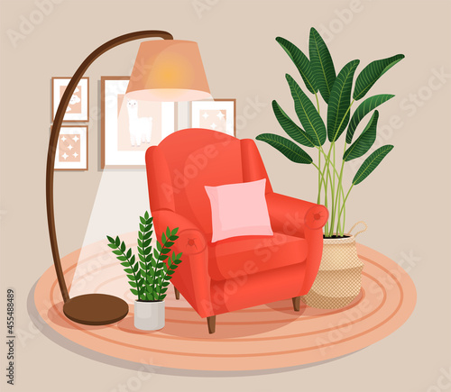 Cute interior with modern furniture and plants. Cozy room design with soft armchair, pillow, plants, wall pictures, carpet, lamp. Living room interior. Vector flat style illustration.