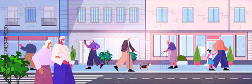 senior people walking down street mature men women group spending time outdoor old age concept