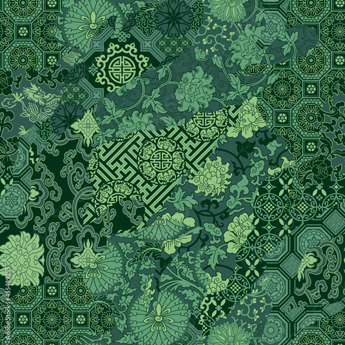 Traditional Chinese fabric patchwork wallpaper green abstract floral vector seamless pattern 