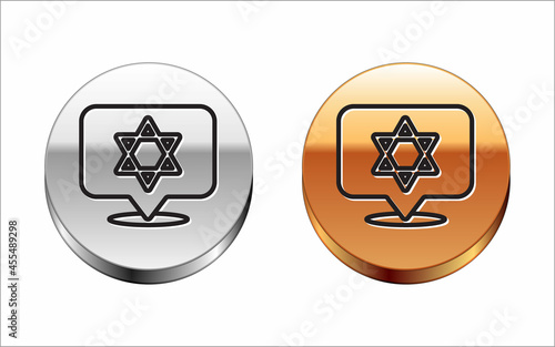 Black line Star of David icon isolated on white background. Jewish religion symbol. Symbol of Israel. Silver-gold circle button. Vector