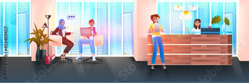 businesspeople using digital gadgets and discussing during meeting business people working in modern office teamwork concept horizontal full length vector illustration