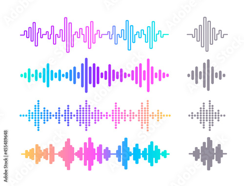 Colorful audio sound wave form set icon flat design isolated vector template. Minimalistic sound waveform. Podcasting or broadcasting background	